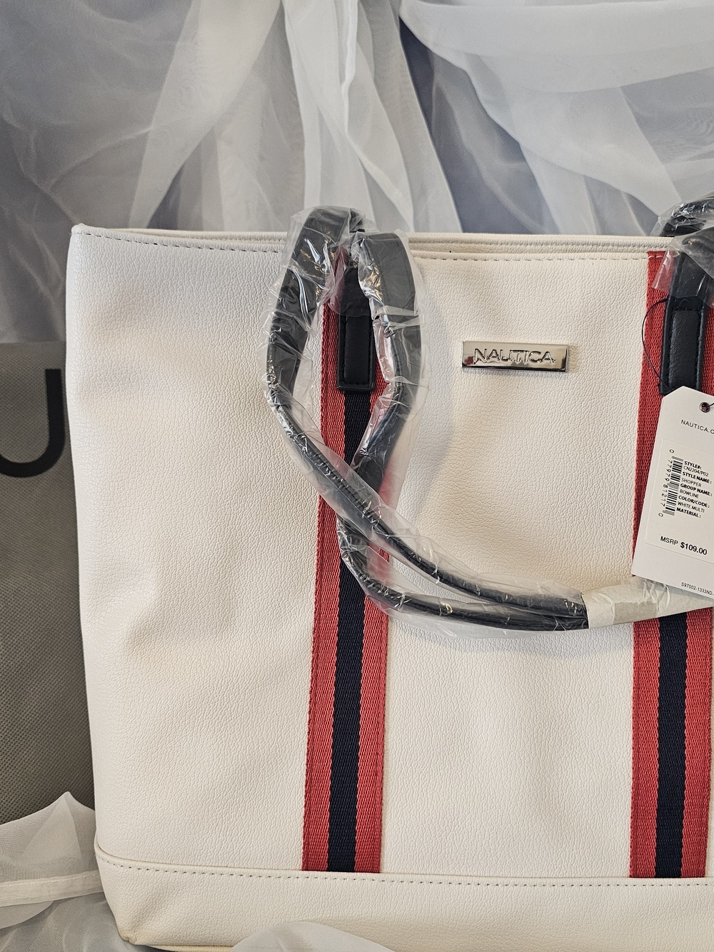 Nautica White Tote Bag with Red & Navy Stripes